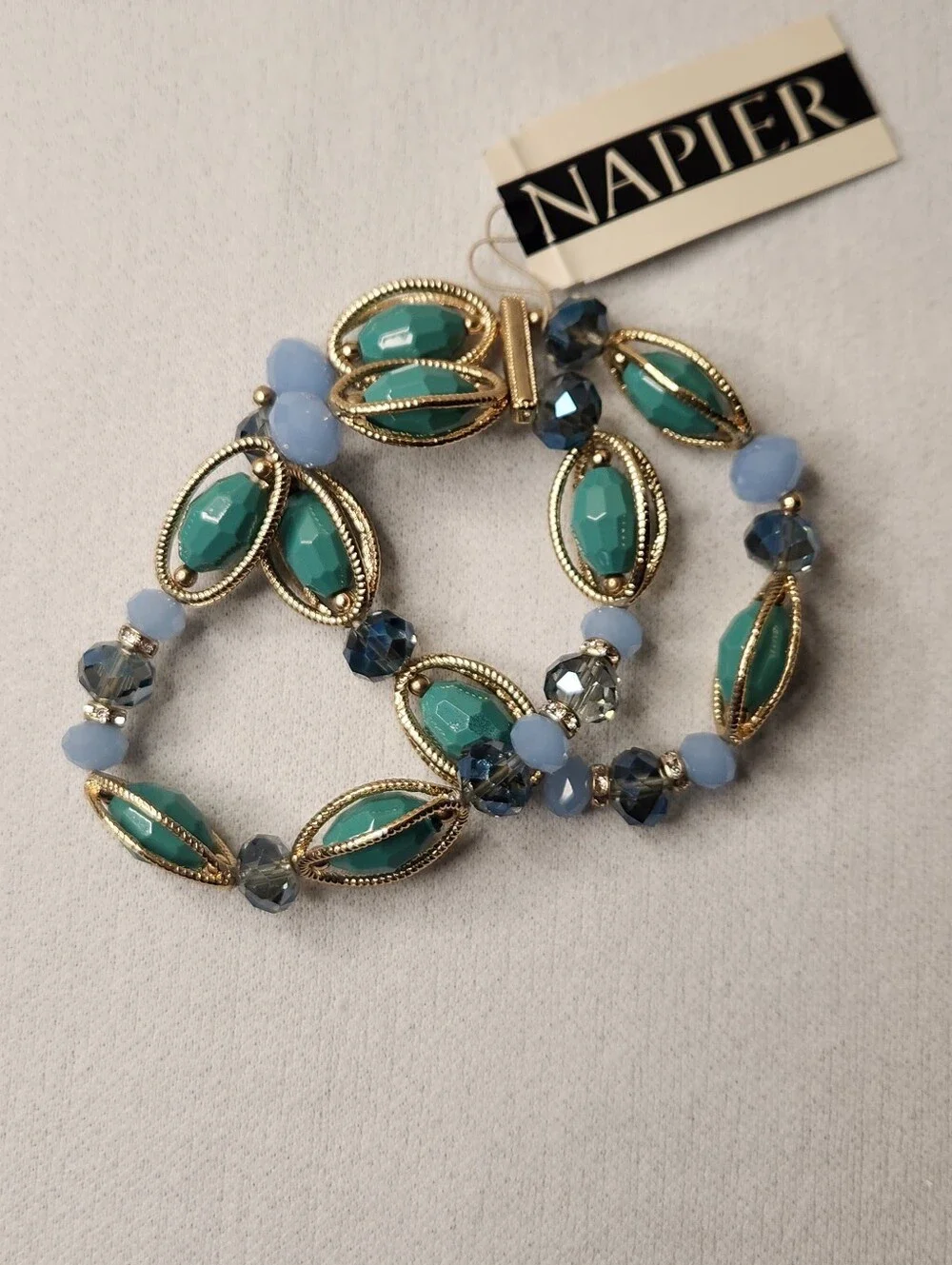 Napier Necklace & Bracelet Set Gold Tone Oval Chain Links Sea Green Blue Beads - Picture 4 of 16